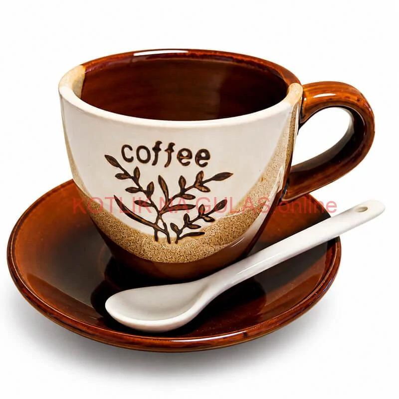 Keramický pohár na kávu 100 ml s podšálkou a lyžičkou COFFEE