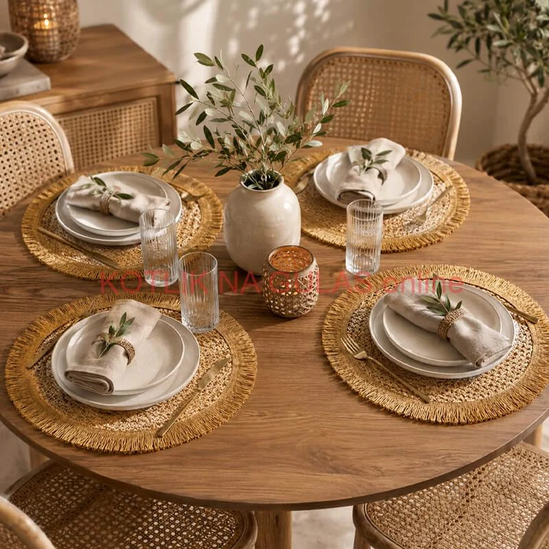 Okrúhle prírodné podložky pod tanier so strapcami 37 cm, 4 ks