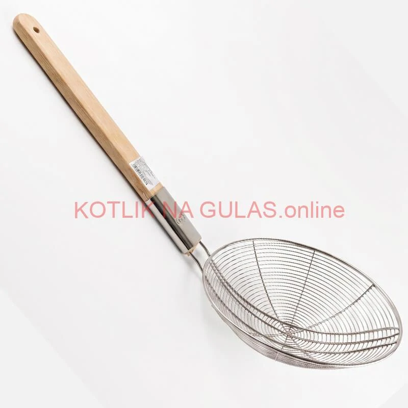 Veľké nerezové sitko 22,5 cm s drevenou rukoväťou – dĺžka 56,5 cm