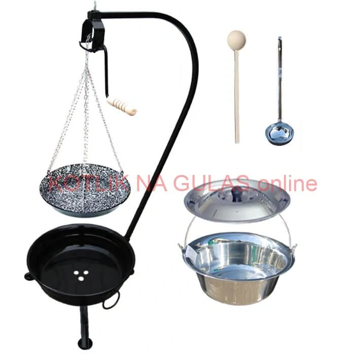 Nerezový kotlík 10 L (0,8 mm) INOX + smaltovaná panvica + ohnisko so stojanom a s poistnou kladkou VAR