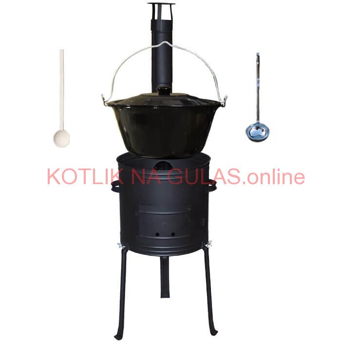 Smaltovaný kotlík 20 L + kovová kotlina s vysokými nožičkami 42 cm, žiaruvzdorná farba Plus 700 + vareška a naberačka