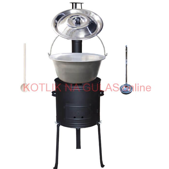 Nerezový kotlík 20 L (1,5 mm) + kovová kotlina s vysokými nožičkami 42 cm, žiaruvzdorná farba Plus 700 + vareška a naberačka