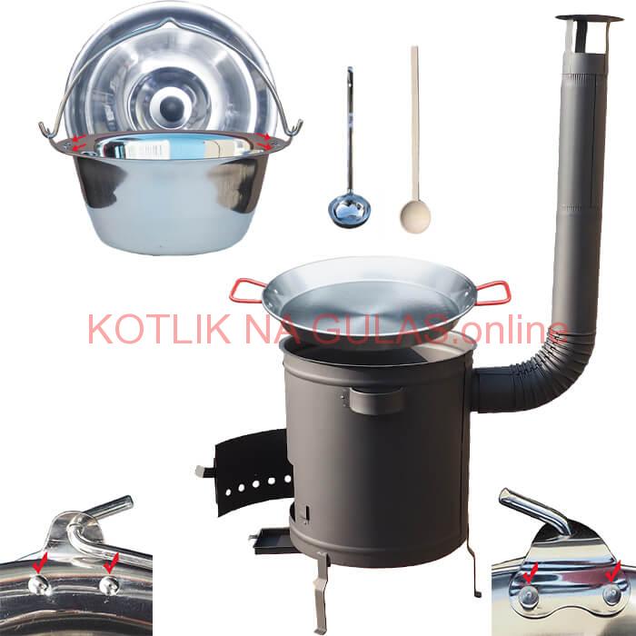 Nerezový kotlík 15 L (0,8 mm) zosilnený s nitmi + Paella panvica 38 cm + hrubostenná (1,5 mm) žiaruvzdorná kotlina 36 PLUS 600