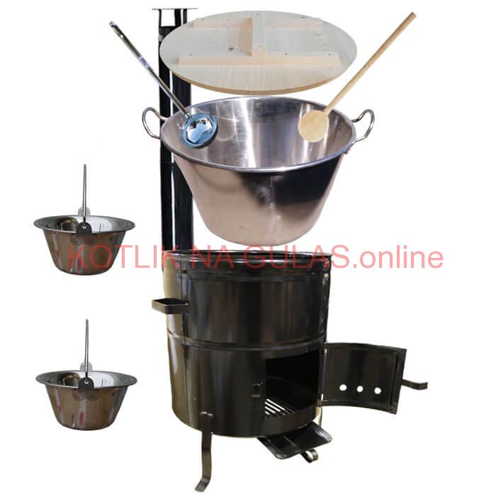 Zabíjačkový nerezový kotol 100 L, kovová kotlina 60 cm, smaltovaná pokrievka + 2 servírovacie antikorové kotlíky