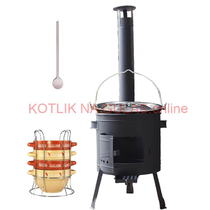 Smaltovaný kotlík 25 L (1,2 mm) + misky na guláš 4 ks + nízka žiaruvzdorná kotlina 42 PLUS 600
