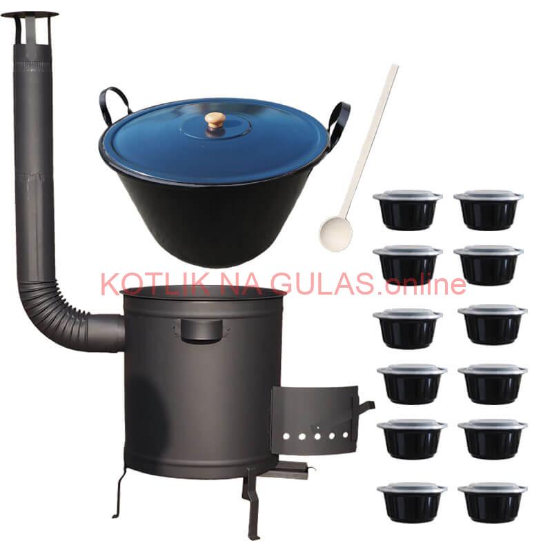 Smaltovaný kotol 60 L + hrubostenná kotlina 53 cm (1,5 mm) STRONG PLUS 600 + misky 12 ks