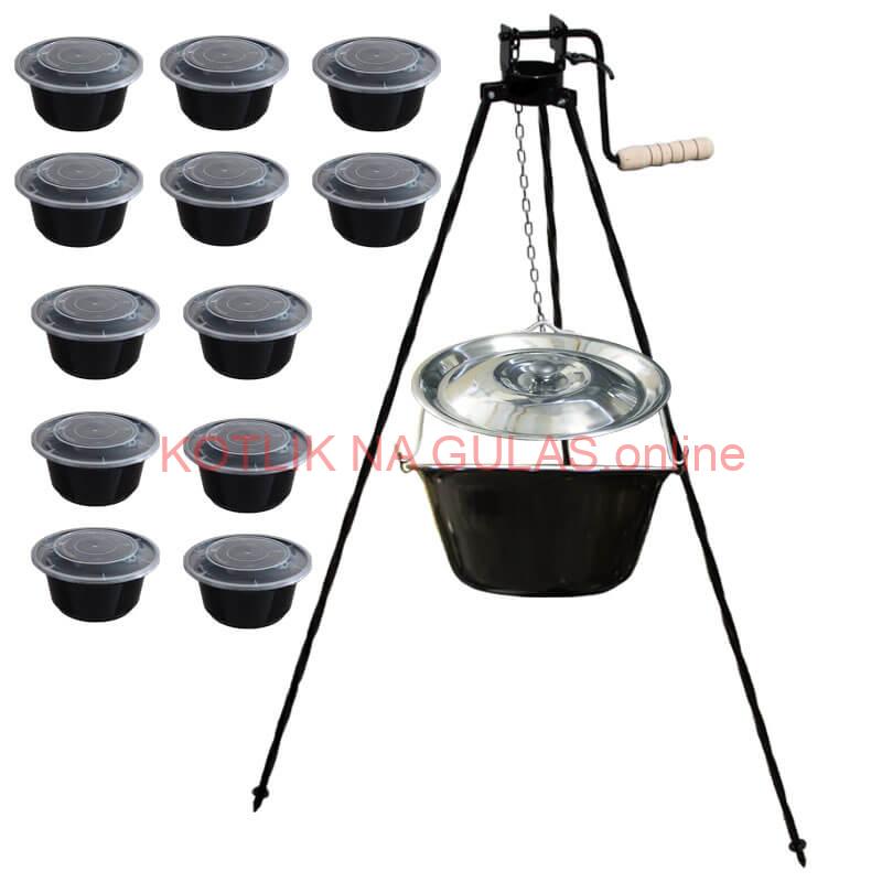 Smaltovaný kotlík 13 L + stojan s kladkou VAR + misky 12 ks