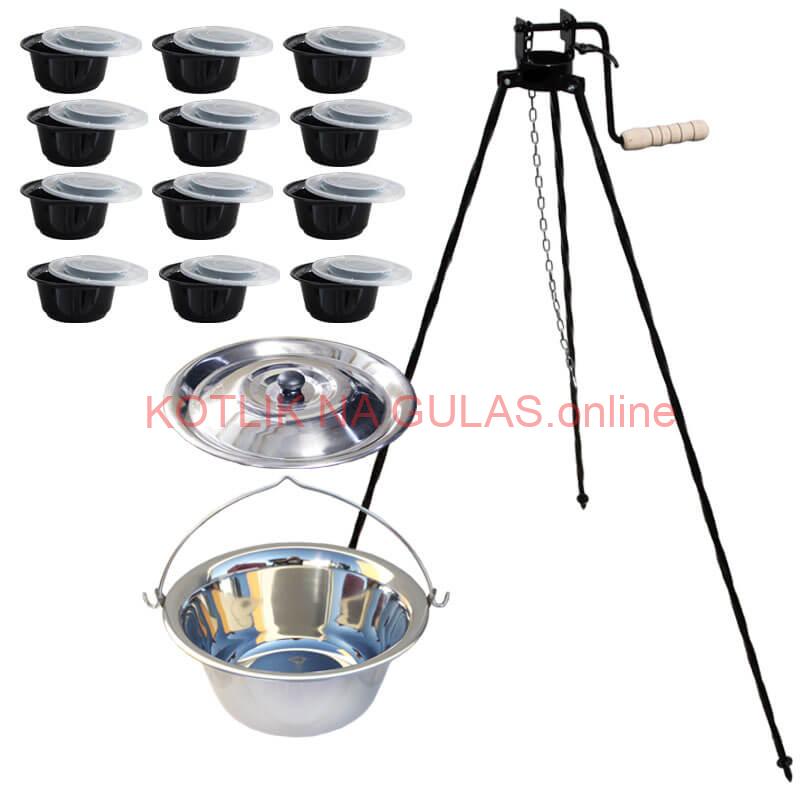 Antikorový kotlík 22 L + stojan s kladkou VAR + misky 12 ks