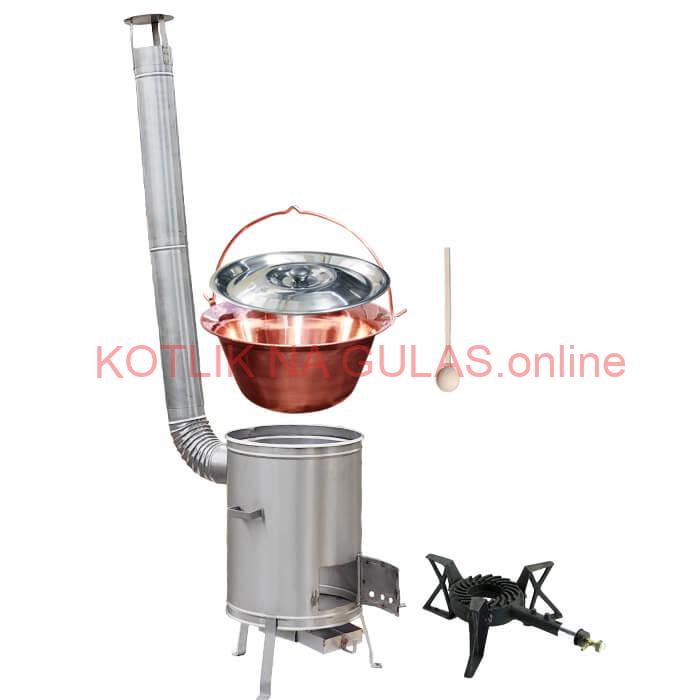Medený kotlík 10 L (1,2 mm) + nerezová kotlina 36 cm + liatinový horák 7 kW, vareška LUX