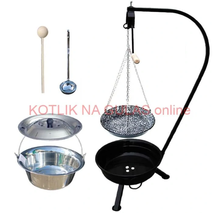 Nerezový kotlík 20 L (0,8 mm) INOX + smaltovaná panvica + ohnisko so stojanom a s poistnou kladkou VAR