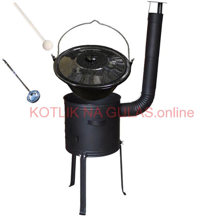 Smaltovaný kotlík 25 L + kovová kotlina s vysokými nožičkami 42 cm, žiaruvzdorná farba Plus 700 + vareška a naberačka