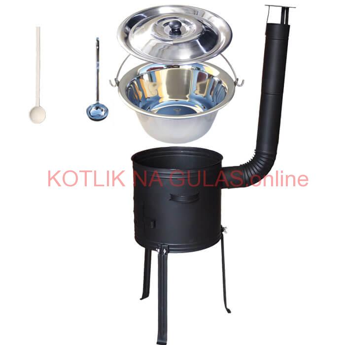 Antikorový kotlík 22 L (0,8 mm) + kovová kotlina s vysokými nožičkami 42 cm, žiaruvzdorná farba Plus 700 + vareška a naberačka