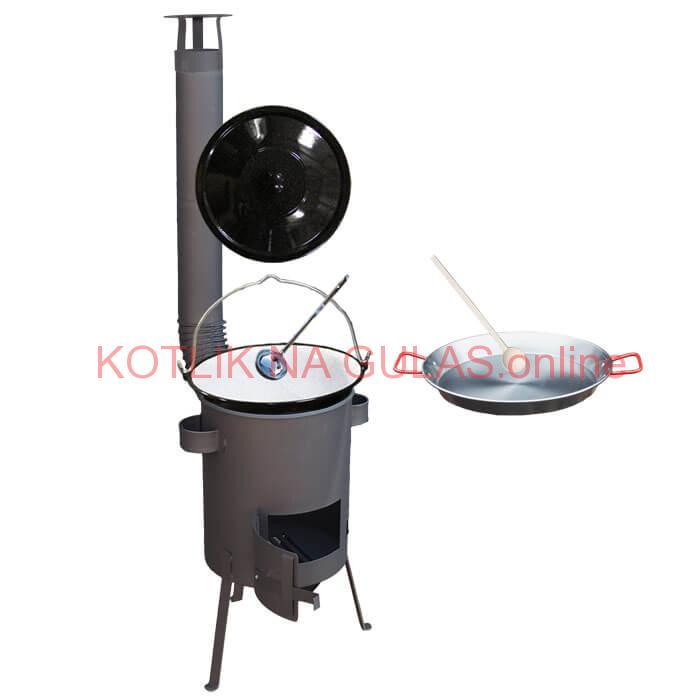 Smaltovaný kotlík 16 L + Paella oceľová panvica 42 cm + žiaruvzdorná kotlina 39 PLUS 600 s roštom na popol 4 mm