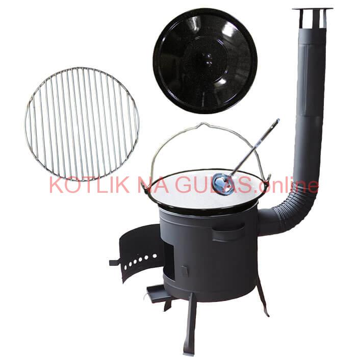 Smaltovaný kotlík 20 L + Nerezový rošt 45 cm + nízka žiaruvzdorná kotlina 42 cm PLUS 600