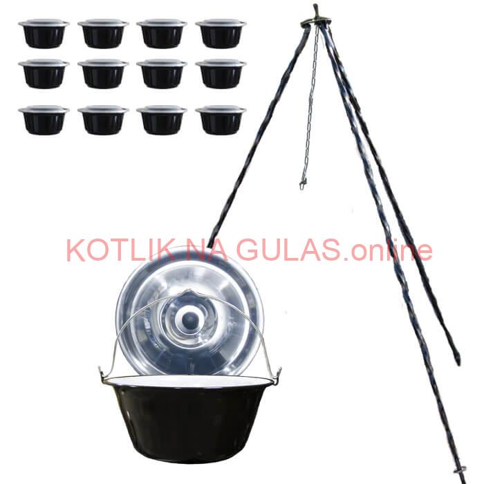 Smaltovaný kotlík 10 L + pokrievka + stojan + misky 12 ks