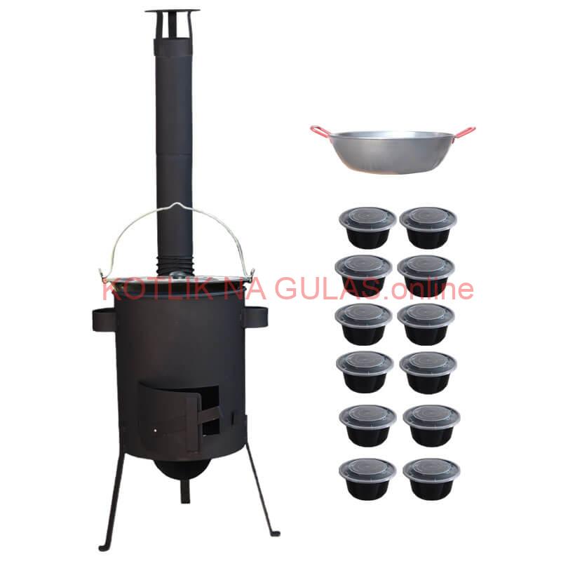 Smaltovaný kotlík 22 L + Panvica PAELLA (WOK) 45 cm + misky 12 ks + žiaruvzdorná kotlina 42 PLUS 600 s roštom na popol 4 mm