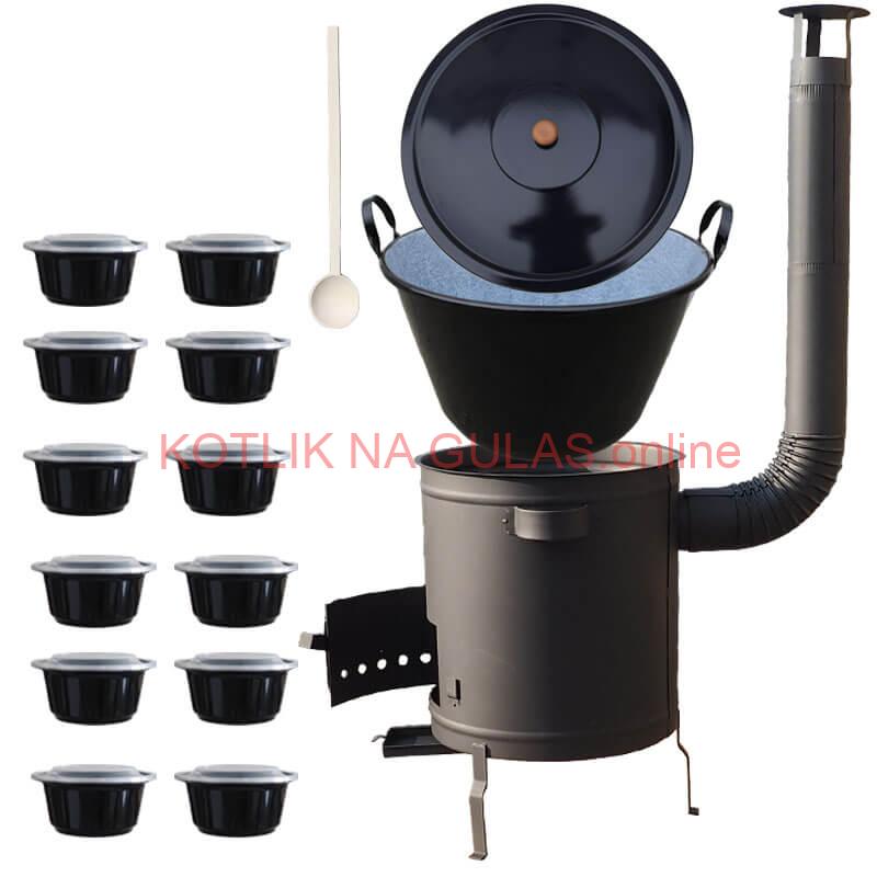 Smaltovaný kotol 60 L + hrubostenná kotlina 53 cm (1,5 mm) STRONG PLUS 600 + misky 12 ks