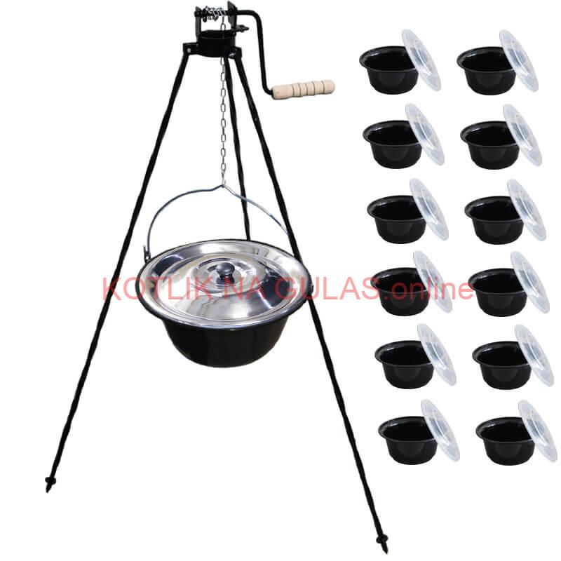 Smaltovaný kotlík 20 L + stojan s kladkou VAR + misky 12 ks