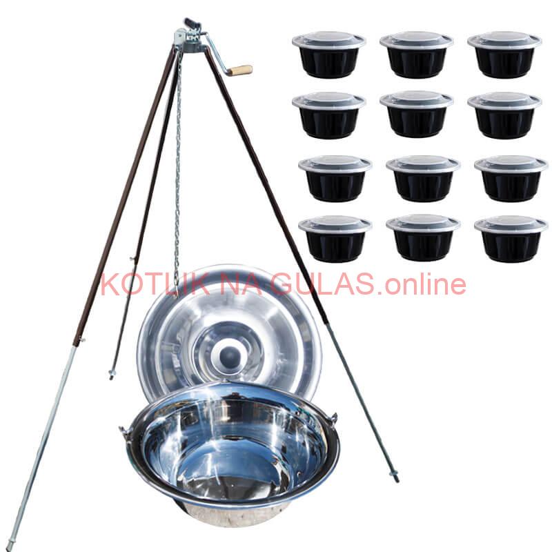 Antikorový kotlík 30 L (1,2 mm) + teleskopická trojnožka s poistnou kladkou + misky 12 ks