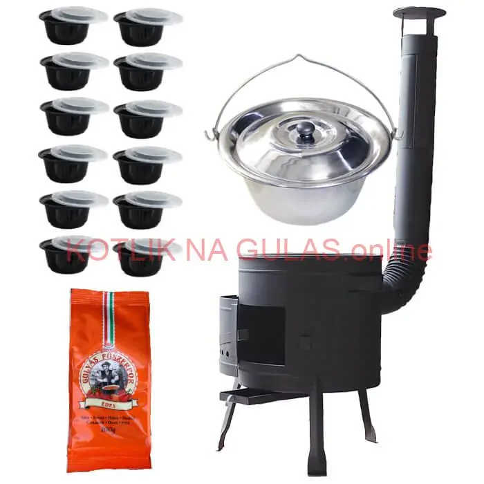 Nerezový kotlík 22 L (0,8 mm) INOX + hrubostenná (1,5 mm) žiaruvzdorná kotlina BALKY STRONG 42 PLUS 600 + misky 12 ks + paprikové korenie na guláš 100 g