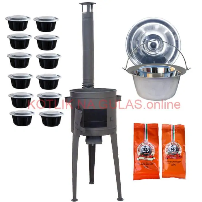 Nerezový kotlík 22 L (0,8 mm) INOX + vysoká žiaruvzdorná kotlina 42 cm PLUS 600 + misky 12 ks + 2 x korenie na guláš 100 g