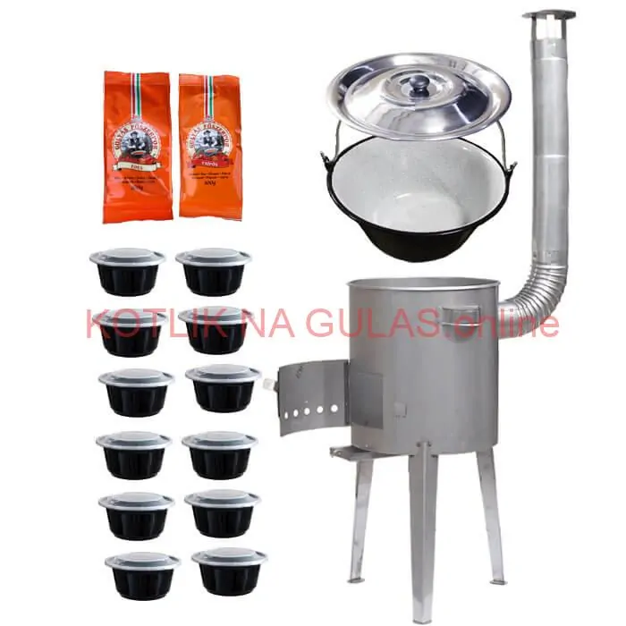 Smaltovaný kotlík 22 L (1,2 mm) + nerezová kotlina 42 cm LUXUS + misky 12 ks + 2 x korenie na guláš 100 g