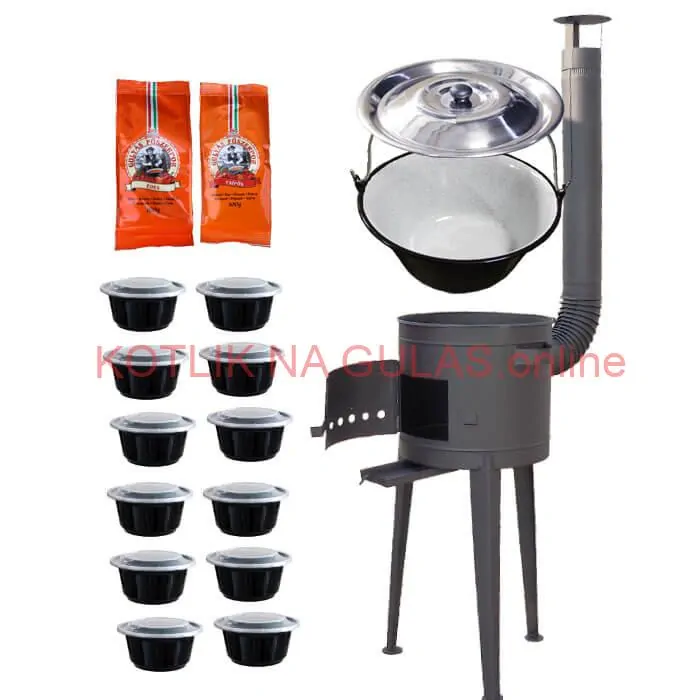 Smaltovaný kotlík 22 L (1,2 mm) + vysoká žiaruvzdorná kotlina (1,5 mm) HODO 42 cm PLUS 600 + misky 12 ks + 2 x korenie na guláš 100 g