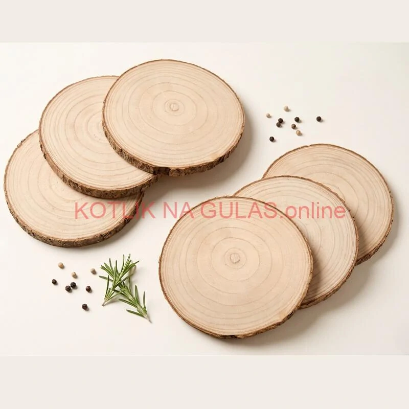 Súprava 6 drevených podnosov z prírodného plátku dreva s kôrou Ø 20–24 cm
