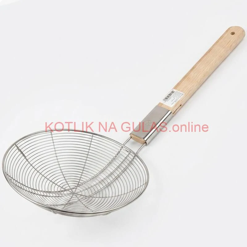 Veľké nerezové sitko 22,5 cm s drevenou rukoväťou – dĺžka 56,5 cm