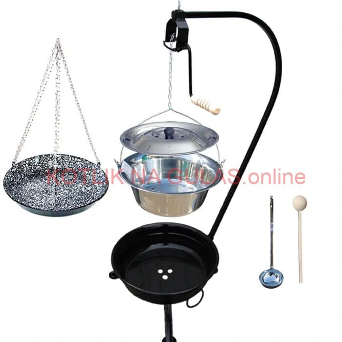 Nerezový kotlík 10 L (0,8 mm) INOX + smaltovaná panvica + ohnisko so stojanom a s poistnou kladkou VAR