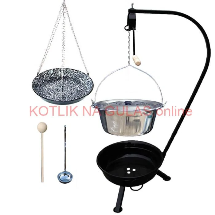 Nerezový kotlík 22 L (0,8 mm) INOX + smaltovaná panvica + ohnisko so stojanom a s poistnou kladkou VAR